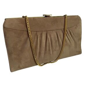 Vintage Lennox Suede Clutch Handbag Tan Beige Gold Chain Strap Evening Purse
